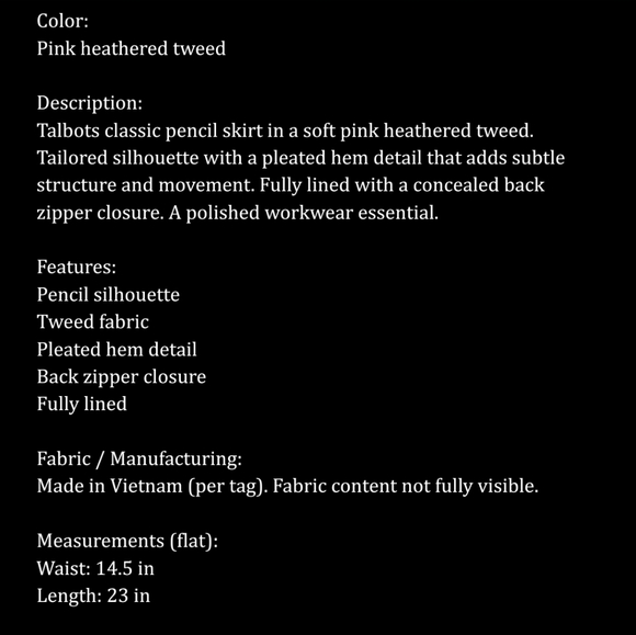 Talbots Pink Tweed Pencil Skirt Pleated Hem Size 10 - Picture 5 of 5
